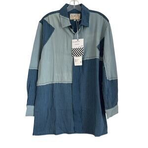 NWT Free People x Sandrine Rose Patchwork Striped Button-Up Shirt, Blue, Small